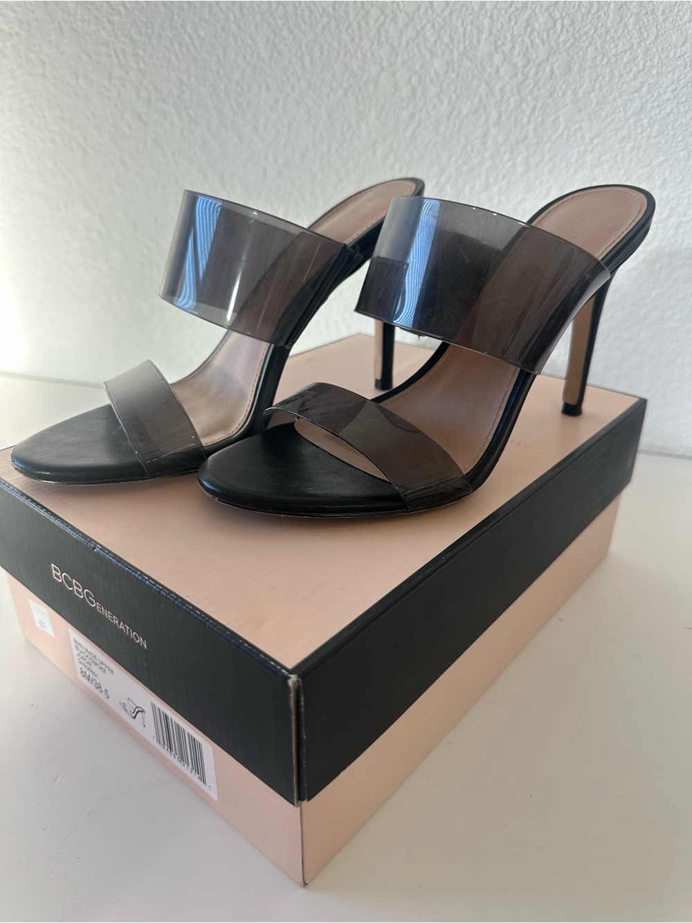 BCBGeneration Black Smoky Clear-Strap Stiletto Mules